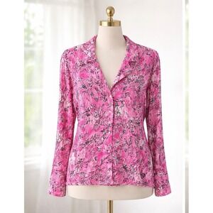 Lilly Pulitzer Button Down Top Pink Vibrant Floral Long Sleeve Blouse Size L